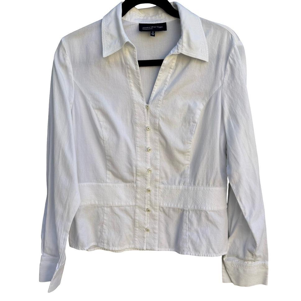 Jones New York Signature White Cotton Textured Button Down Shirt Sz M Minimalist