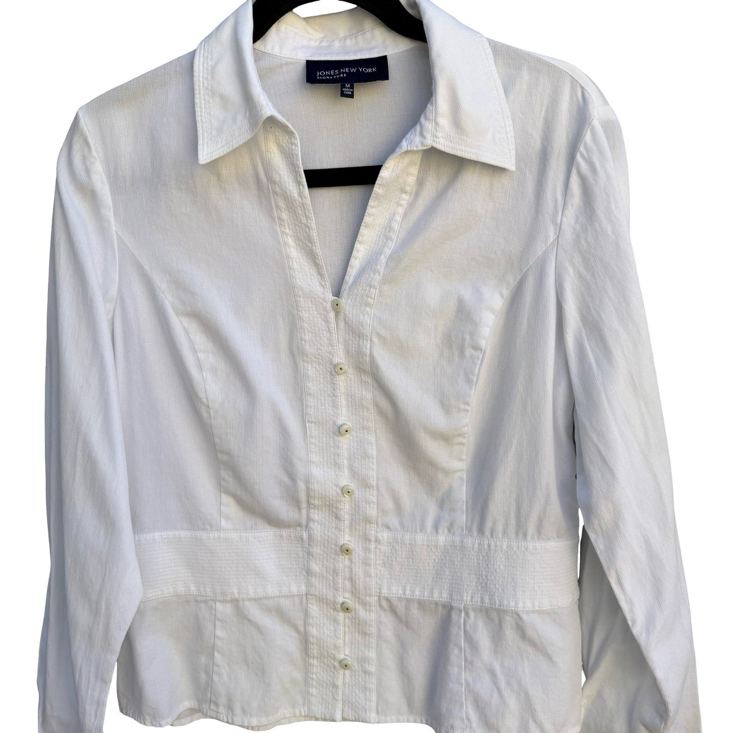 Jones New York Signature White Cotton Textured Button Down Shirt Sz M Minimalist