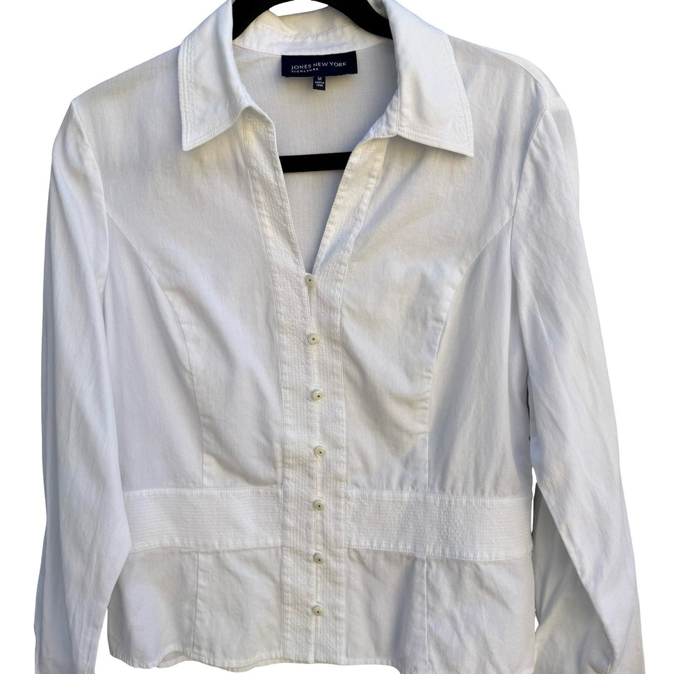 Jones New York Signature White Cotton Textured Button Down Shirt Sz M Minimalist
