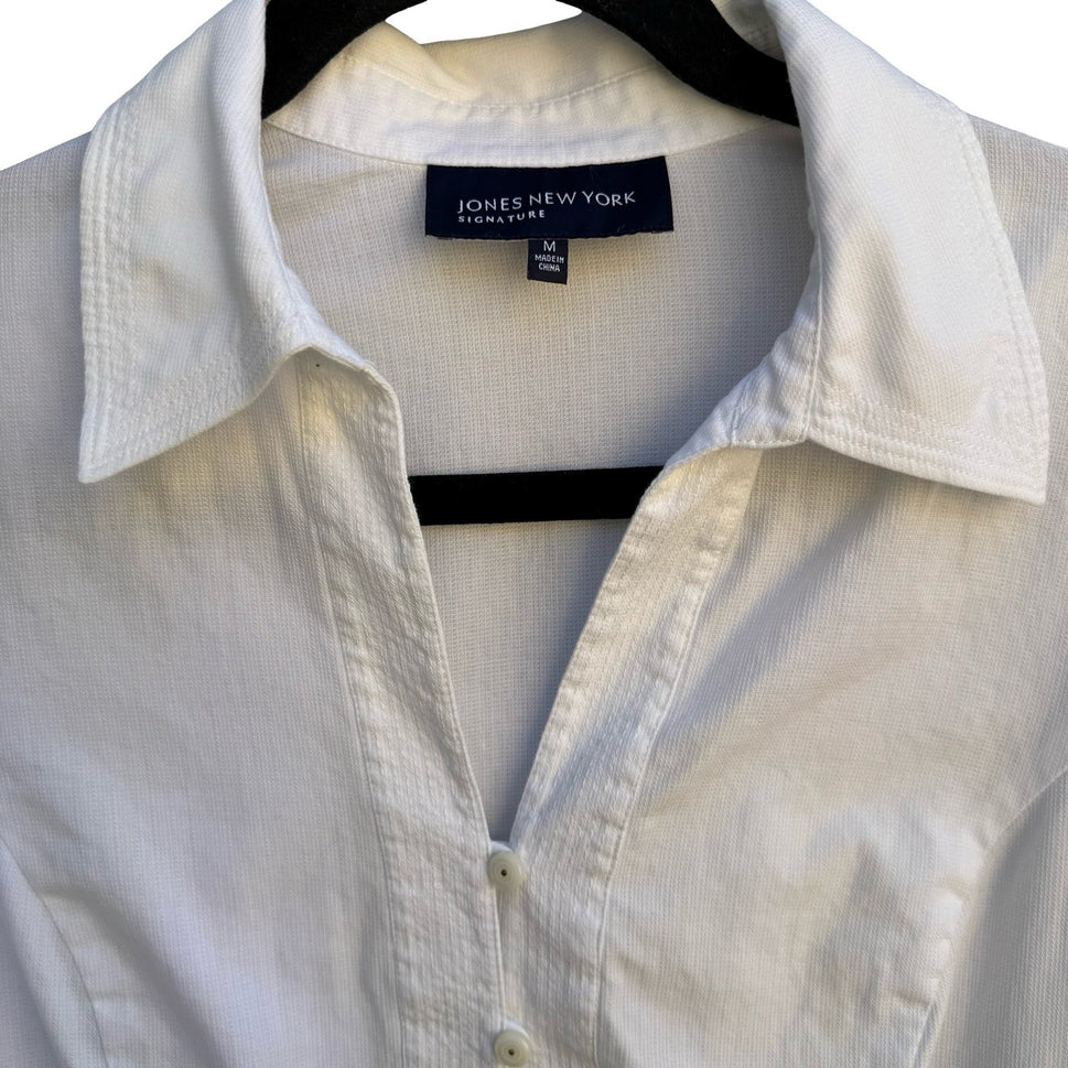 Jones New York Signature White Cotton Textured Button Down Shirt Sz M Minimalist