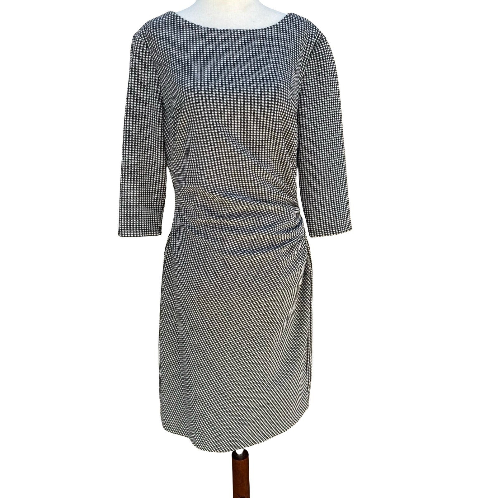Lauren Ralph Lauren Black Micro Check Ruched Sheath Dress 3/4 Sleeve 12 Preppy