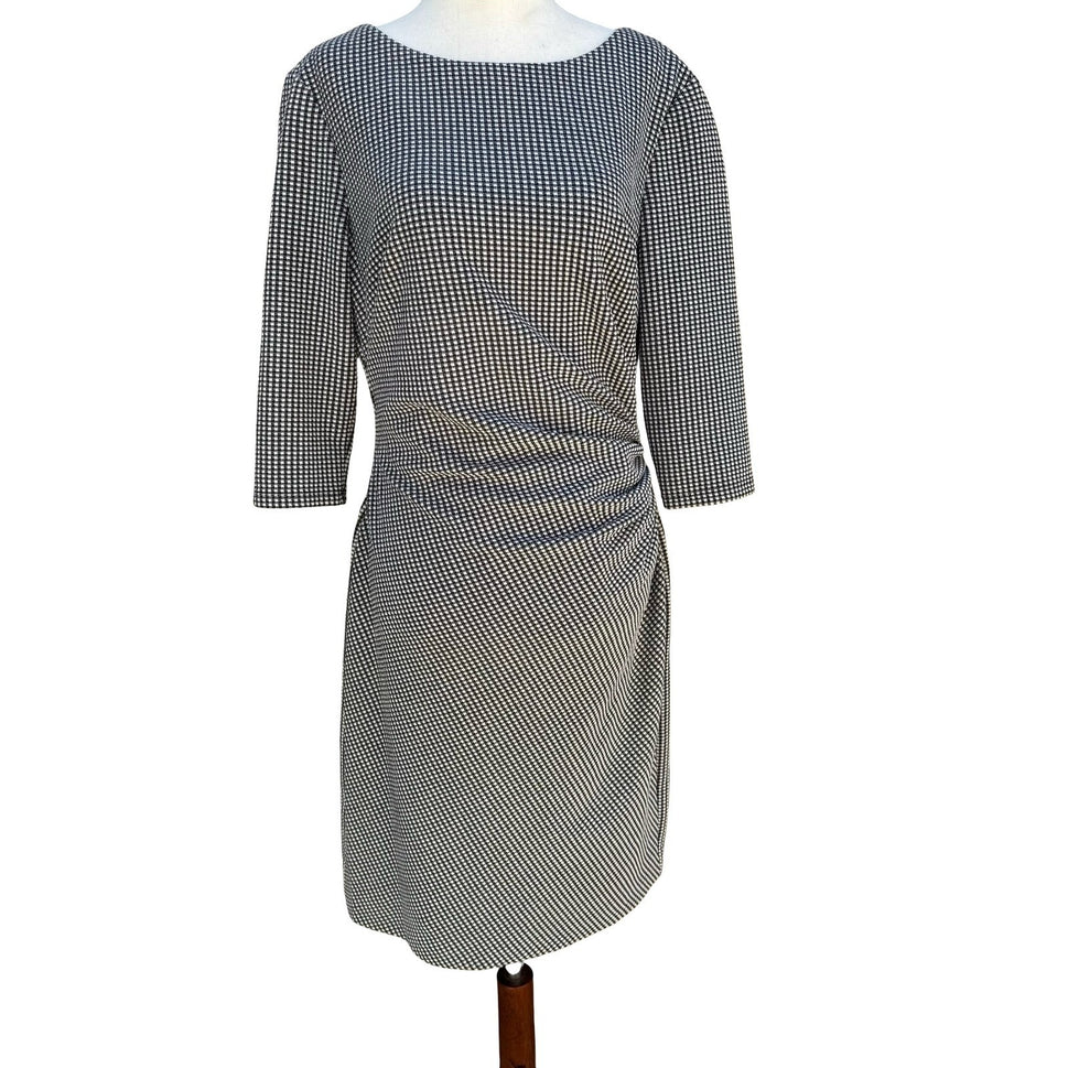 Lauren Ralph Lauren Black Micro Check Ruched Sheath Dress 3/4 Sleeve 12 Preppy