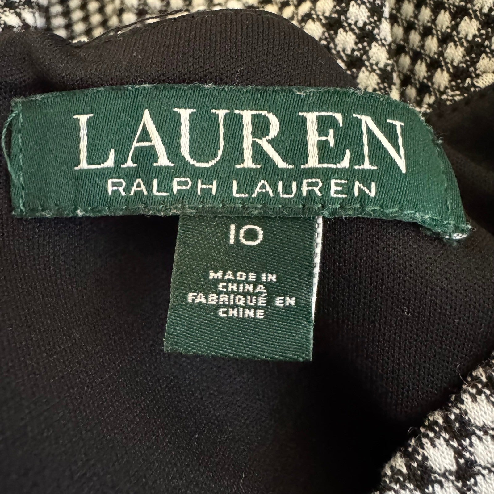 Lauren Ralph Lauren Black Micro Check Ruched Sheath Dress 3/4 Sleeve 12 Preppy