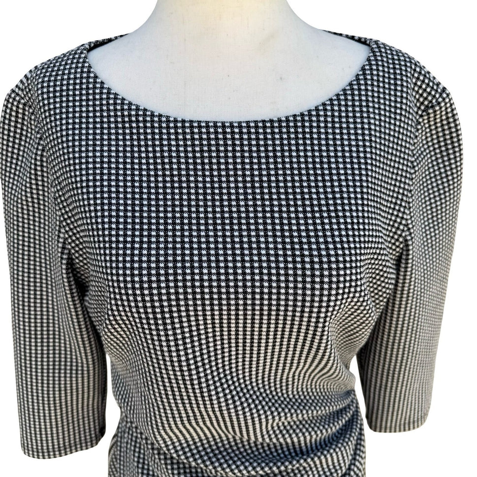Lauren Ralph Lauren Black Micro Check Ruched Sheath Dress 3/4 Sleeve 12 Preppy