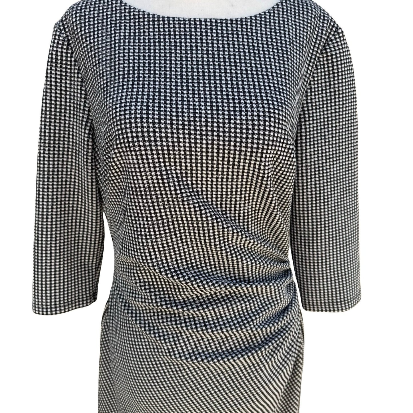 Lauren Ralph Lauren Black Micro Check Ruched Sheath Dress 3/4 Sleeve 12 Preppy