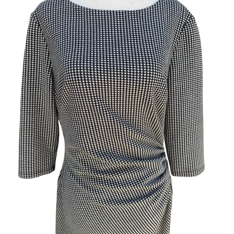 Lauren Ralph Lauren Black Micro Check Ruched Sheath Dress 3/4 Sleeve 12 Preppy