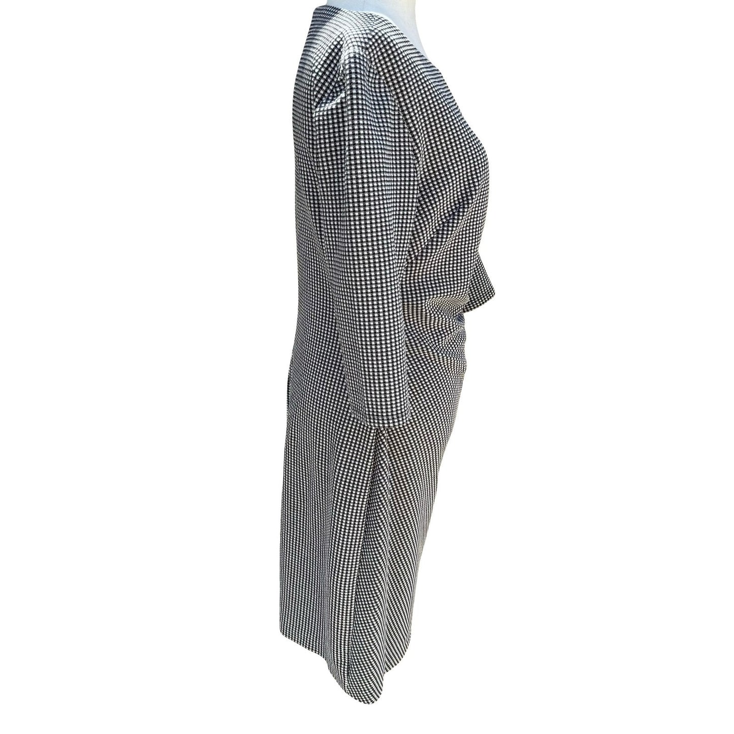 Lauren Ralph Lauren Black Micro Check Ruched Sheath Dress 3/4 Sleeve 12 Preppy