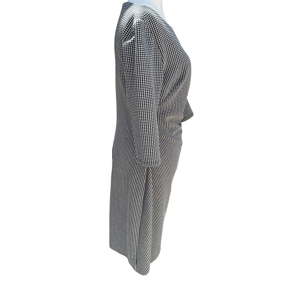 Lauren Ralph Lauren Black Micro Check Ruched Sheath Dress 3/4 Sleeve 12 Preppy