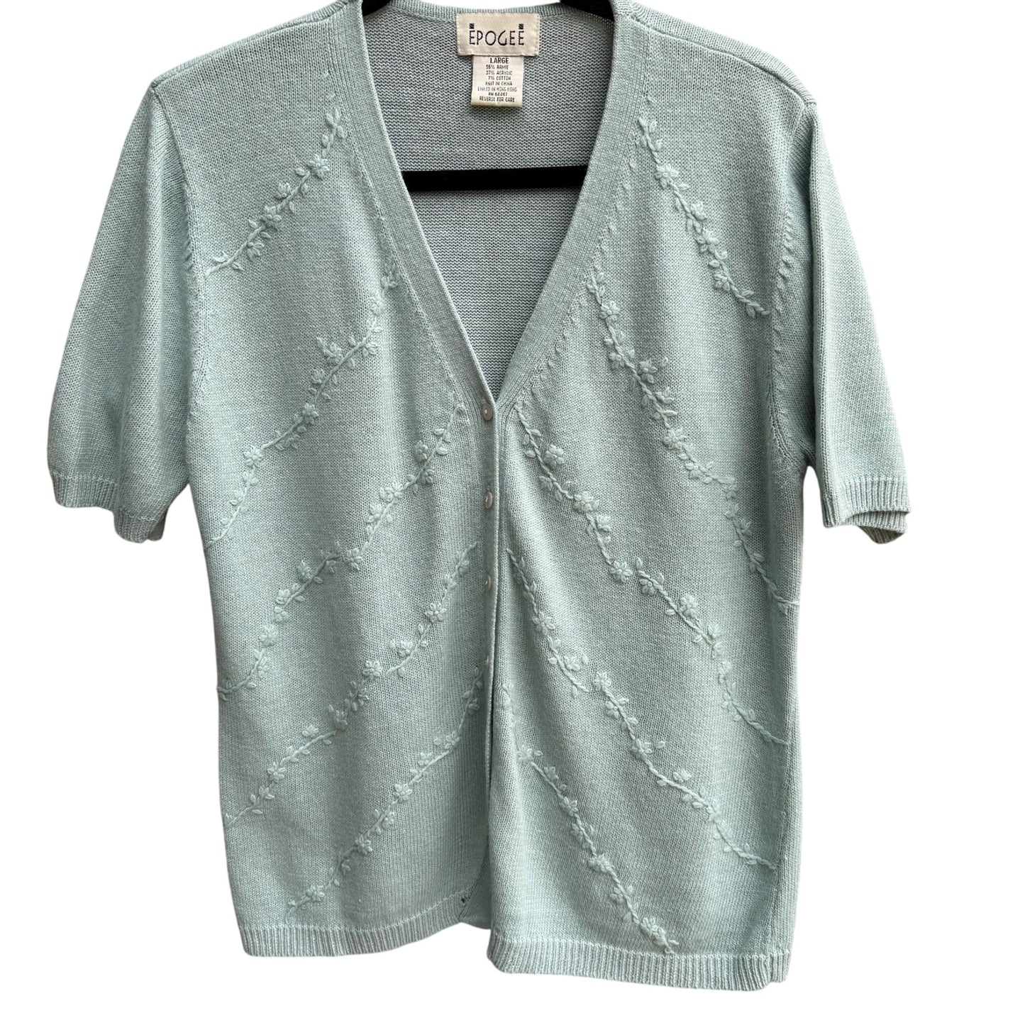 Epogee Vintage Womens Green Floral Embroidery Short Sleeve Cottage Cardigan L