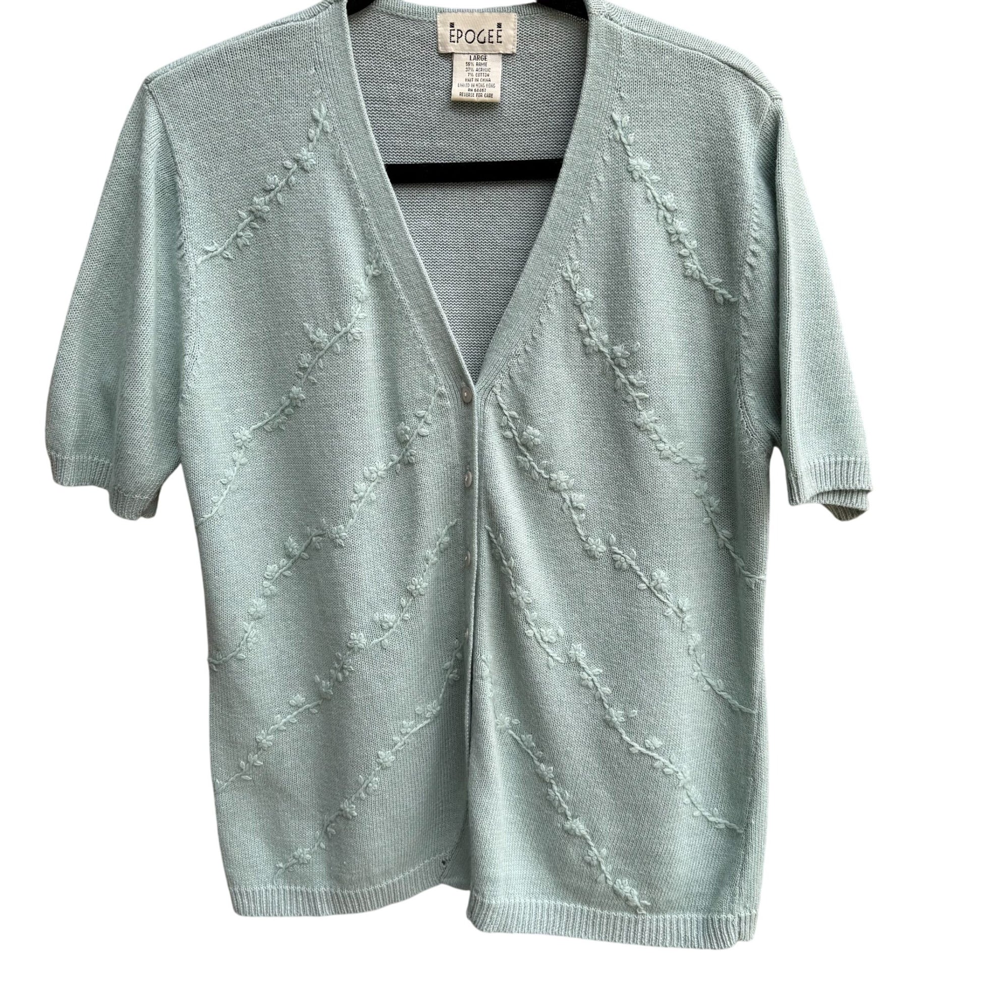 Epogee Vintage Womens Green Floral Embroidery Short Sleeve Cottage Cardigan L