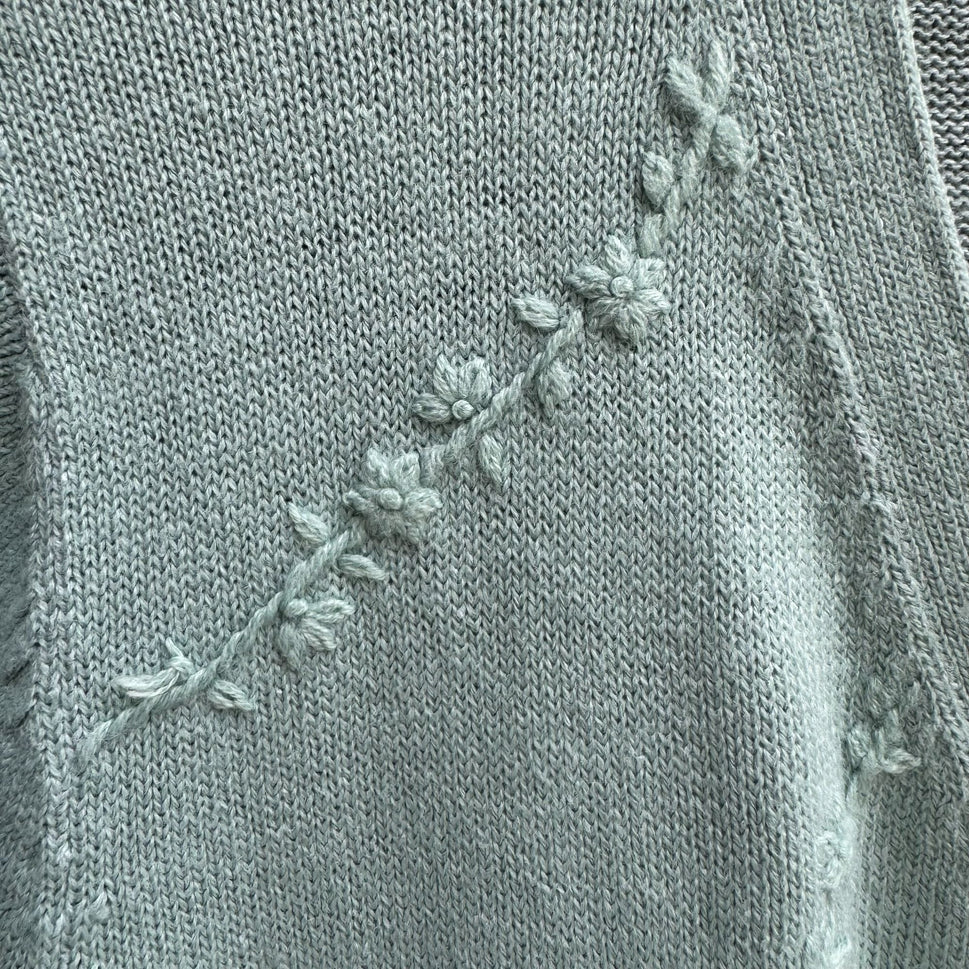 Epogee Vintage Womens Green Floral Embroidery Short Sleeve Cottage Cardigan L