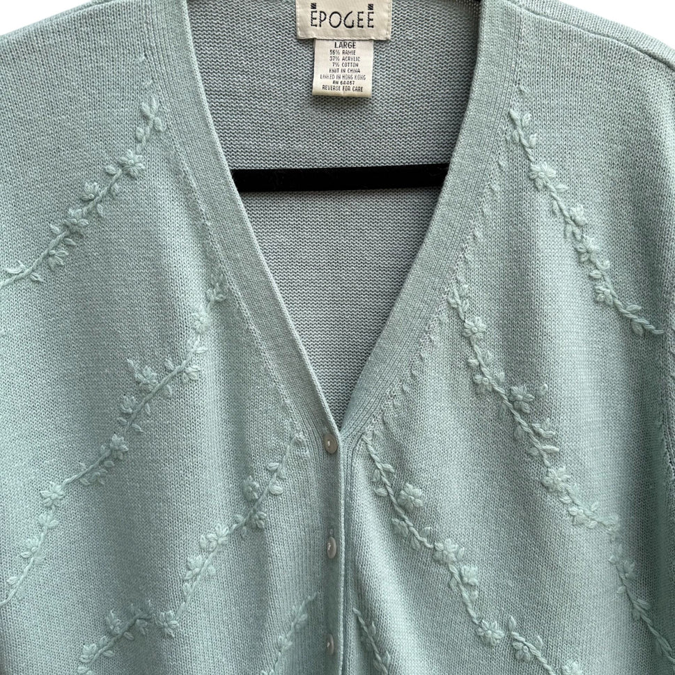 Epogee Vintage Womens Green Floral Embroidery Short Sleeve Cottage Cardigan L