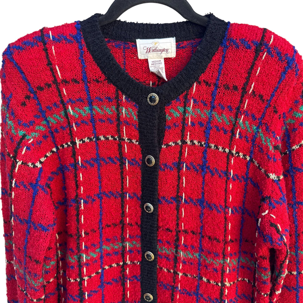 Worthington Vintage Old Money Red Plaid Button-Up Boucle Knit Cardigan Sweater M