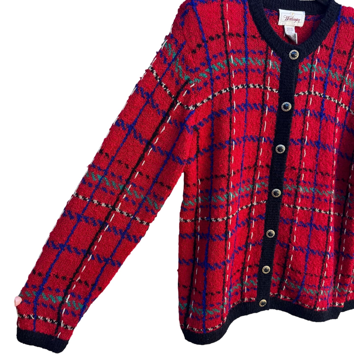 Worthington Vintage Old Money Red Plaid Button-Up Boucle Knit Cardigan Sweater M