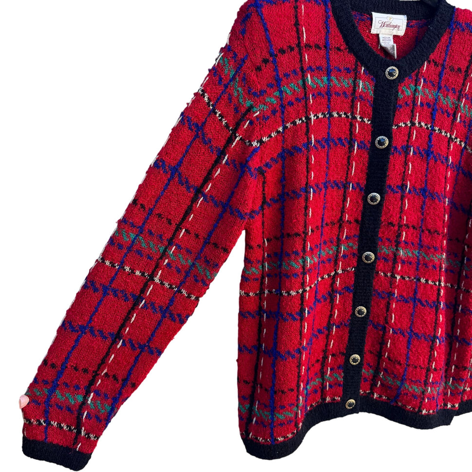 Worthington Vintage Old Money Red Plaid Button-Up Boucle Knit Cardigan Sweater M