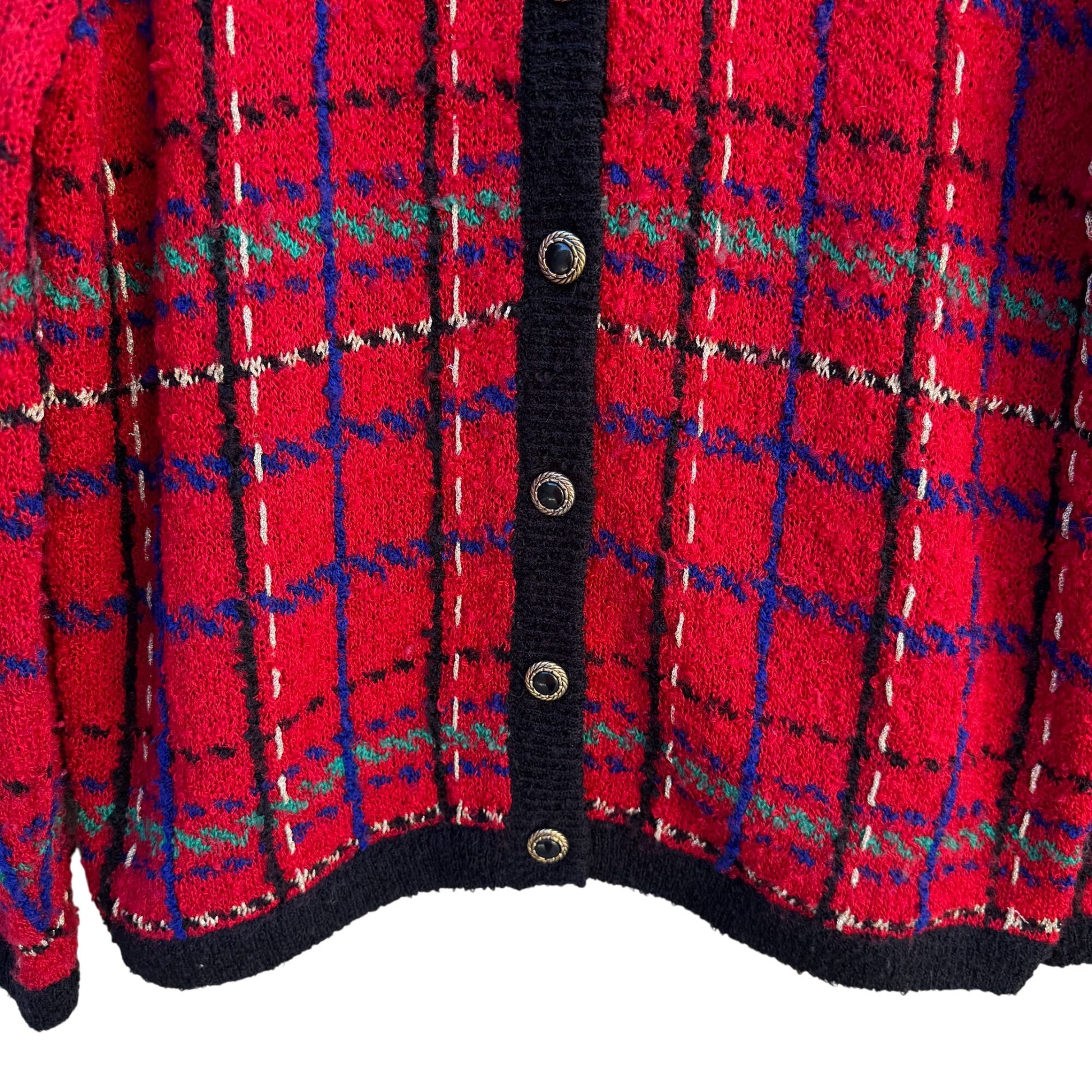 Worthington Vintage Old Money Red Plaid Button-Up Boucle Knit Cardigan Sweater M