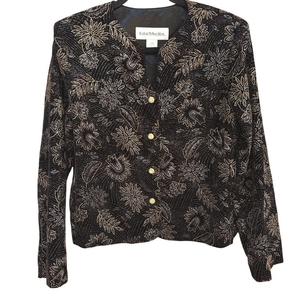 Norton McNaughton Vintage Womens Black & Gold Floral Button-Up Blazer Jacket 10