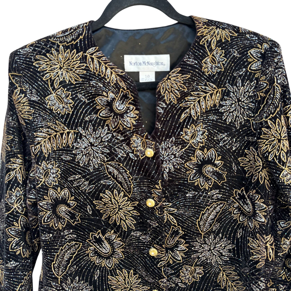 Norton McNaughton Vintage Womens Black & Gold Floral Button-Up Blazer Jacket 10