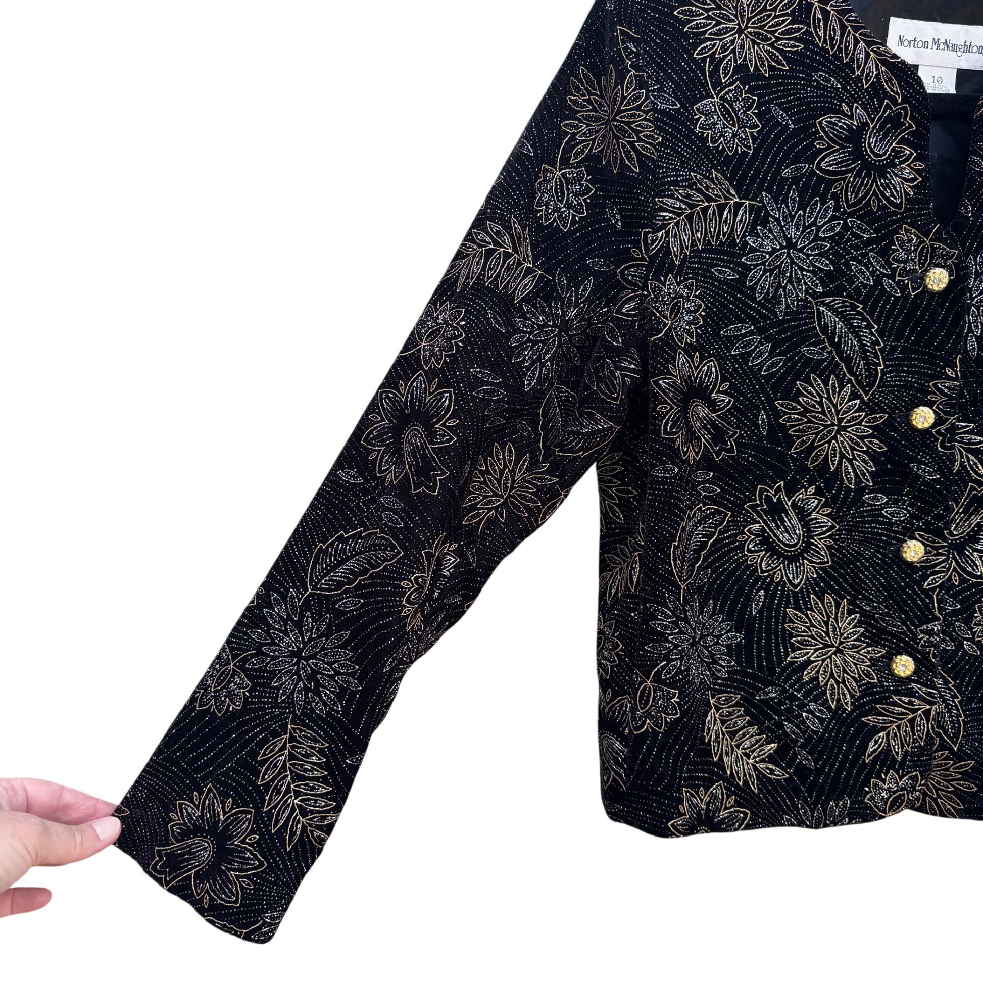 Norton McNaughton Vintage Womens Black & Gold Floral Button-Up Blazer Jacket 10