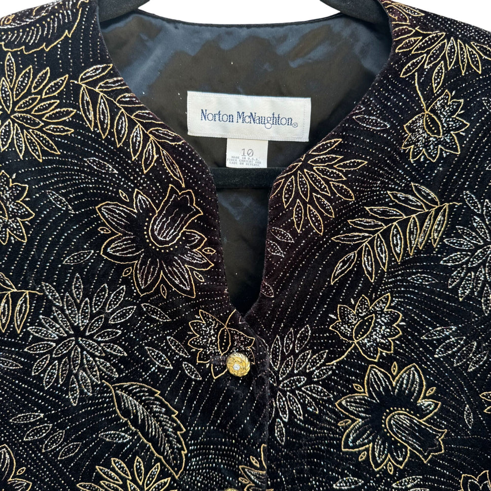 Norton McNaughton Vintage Womens Black & Gold Floral Button-Up Blazer Jacket 10
