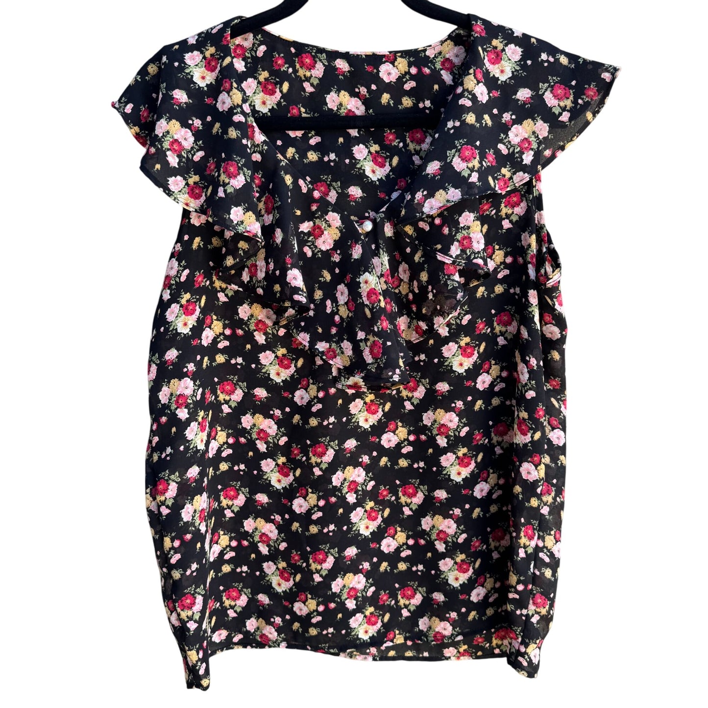 Vintage Womens Sleeveless Boho Floral V Neck Flowy Coquette Ruffle Blouse Shirt