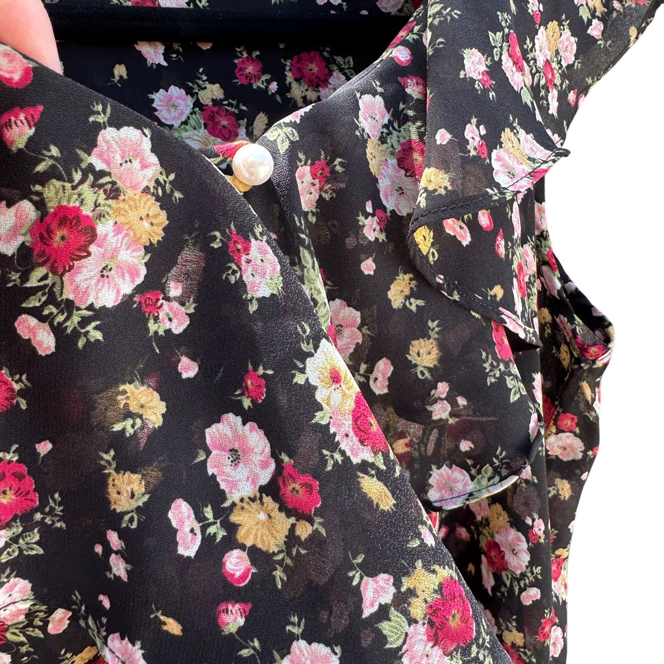 Vintage Womens Sleeveless Boho Floral V Neck Flowy Coquette Ruffle Blouse Shirt