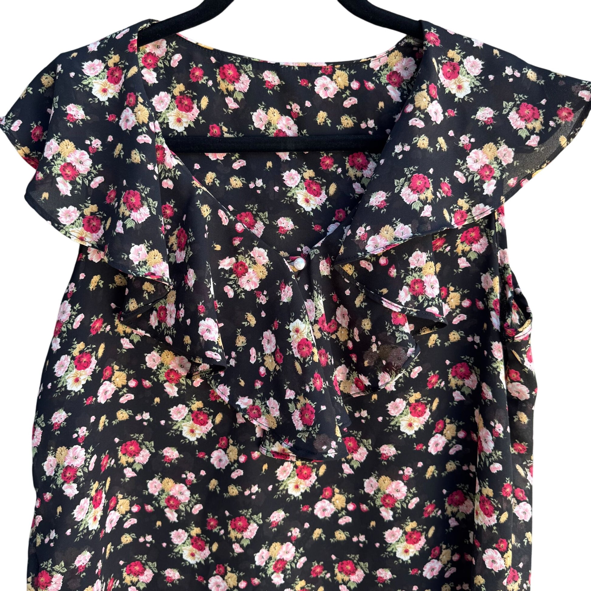 Vintage Womens Sleeveless Boho Floral V Neck Flowy Coquette Ruffle Blouse Shirt