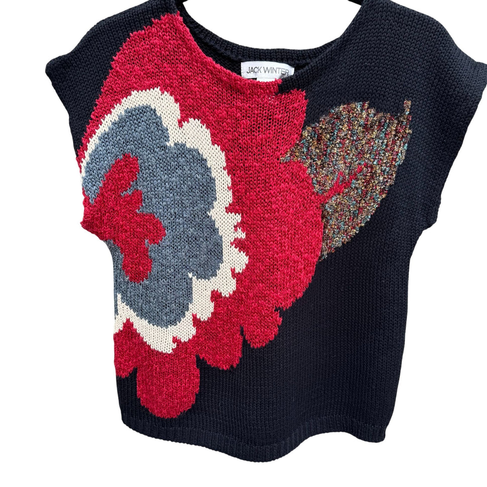 Jack Winter Vintage 80s Womens Floral Knit Black Red Cap Sleeve Crop Sweater S