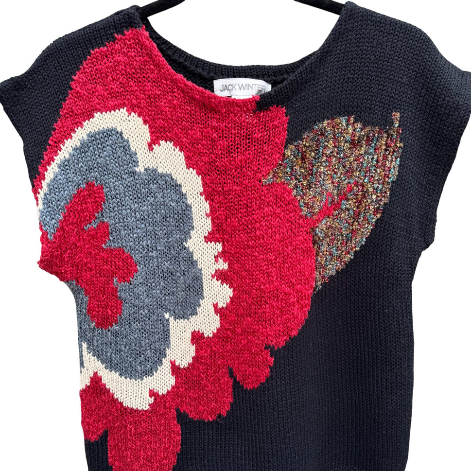 Jack Winter Vintage 80s Womens Floral Knit Black Red Cap Sleeve Crop Sweater S
