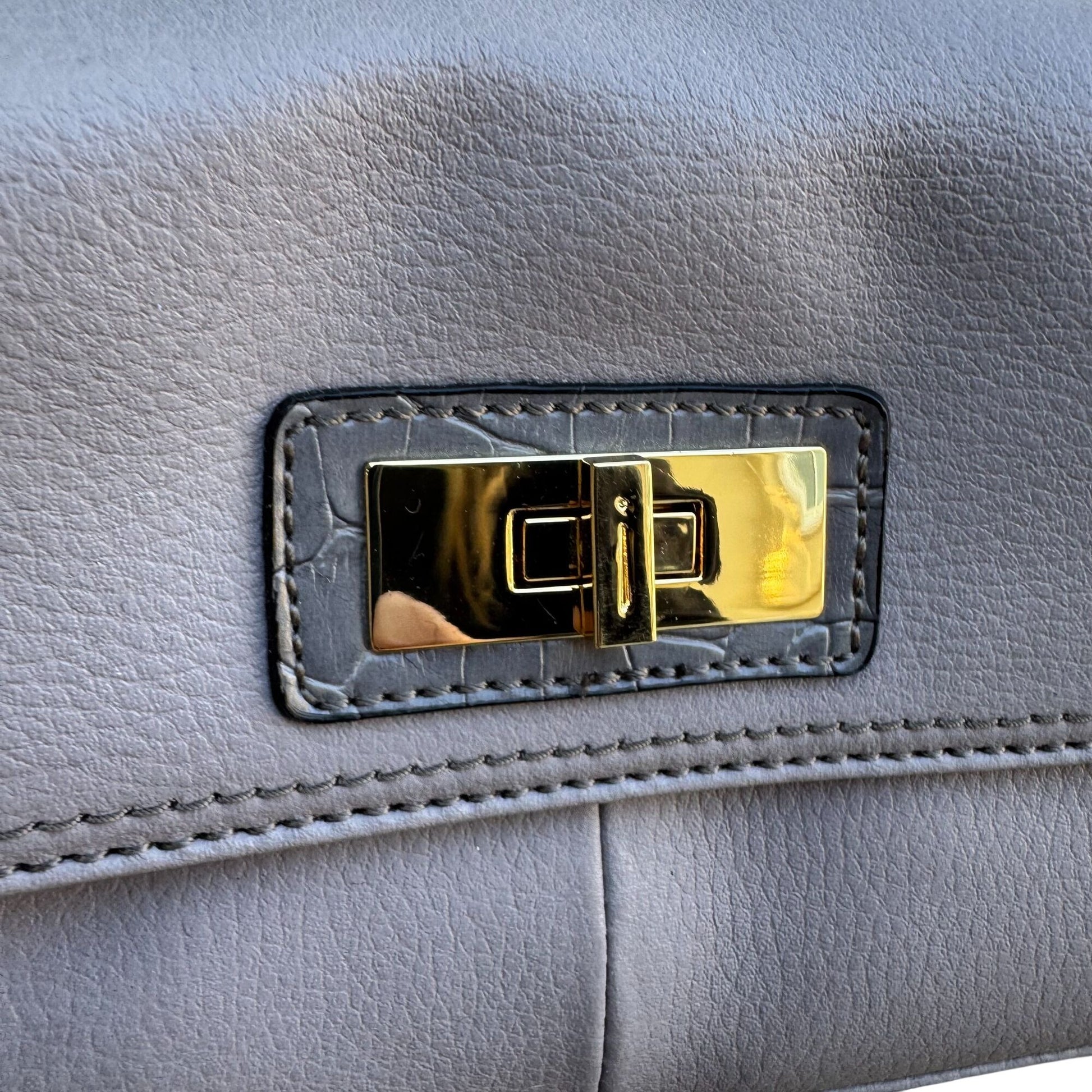 Isaac Mizrahi Lavender Gray Genuine Leather Flap Satchel Shoulder Bag Turn Lock