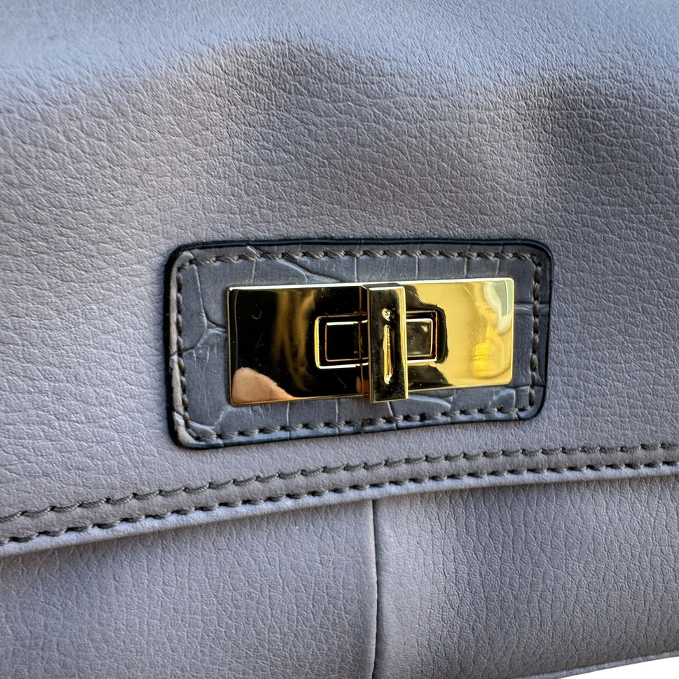 Isaac Mizrahi Lavender Gray Genuine Leather Flap Satchel Shoulder Bag Turn Lock