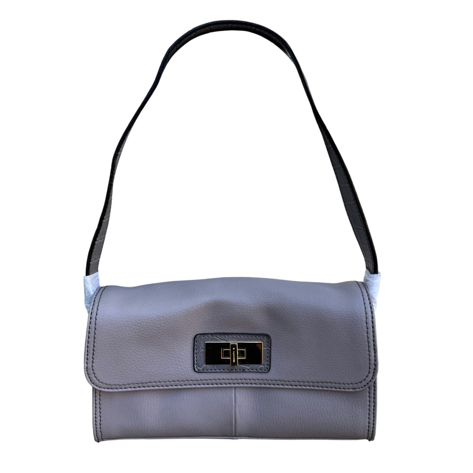 Isaac Mizrahi Lavender Gray Genuine Leather Flap Satchel Shoulder Bag Turn Lock