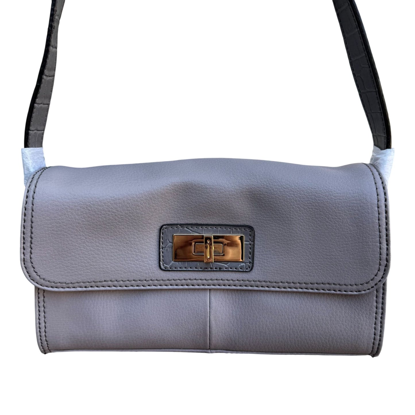 Isaac Mizrahi Lavender Gray Genuine Leather Flap Satchel Shoulder Bag Turn Lock