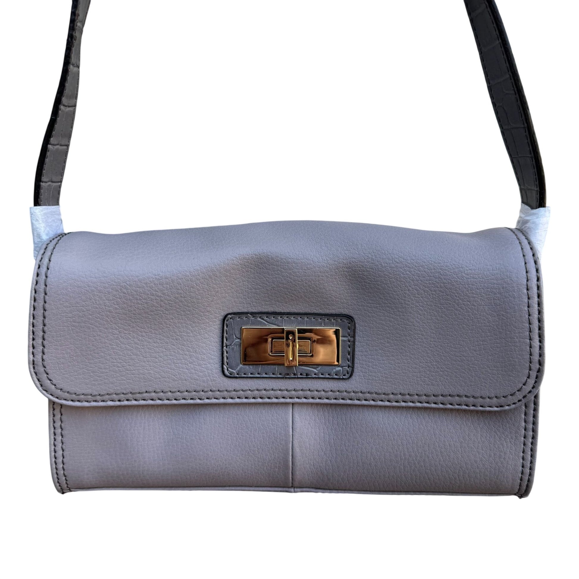 Isaac Mizrahi Lavender Gray Genuine Leather Flap Satchel Shoulder Bag Turn Lock