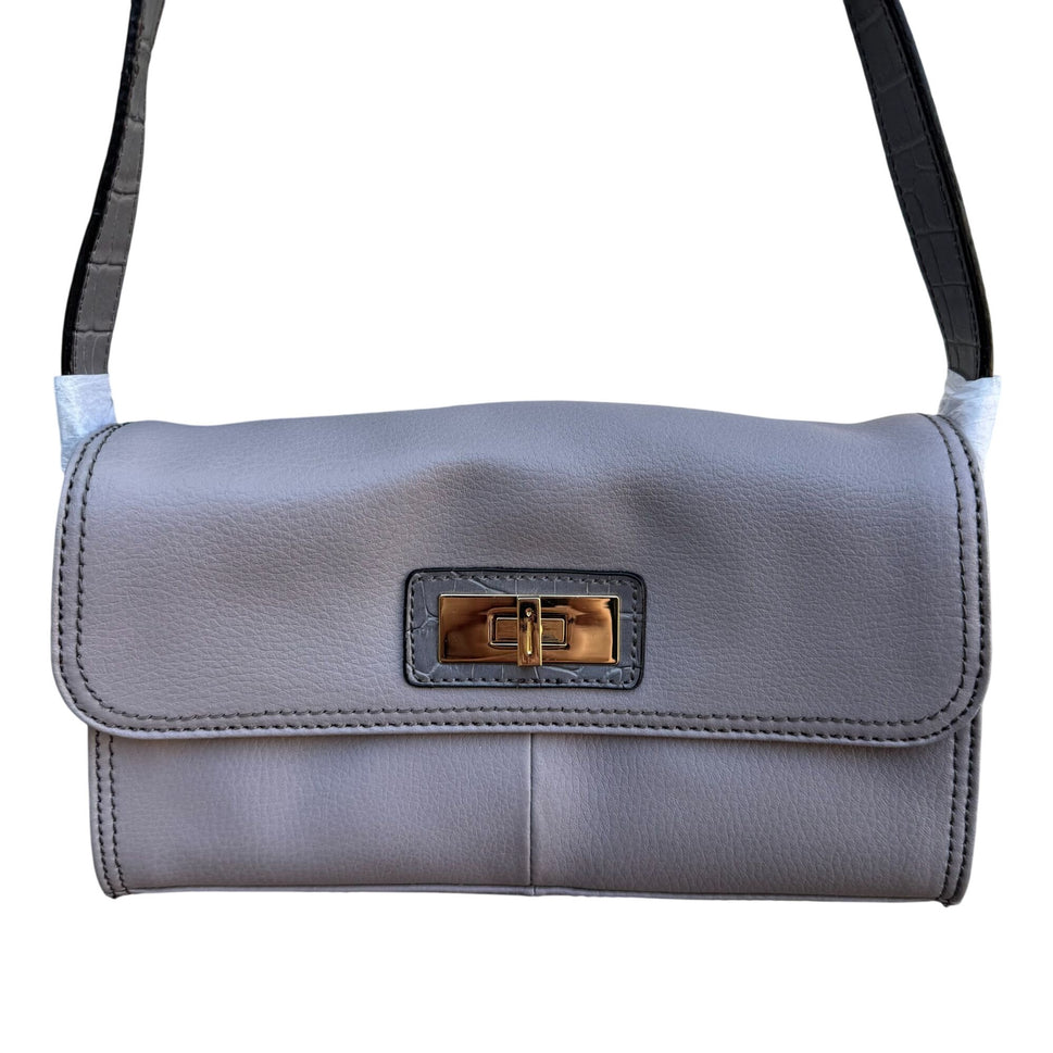 Isaac Mizrahi Lavender Gray Genuine Leather Flap Satchel Shoulder Bag Turn Lock