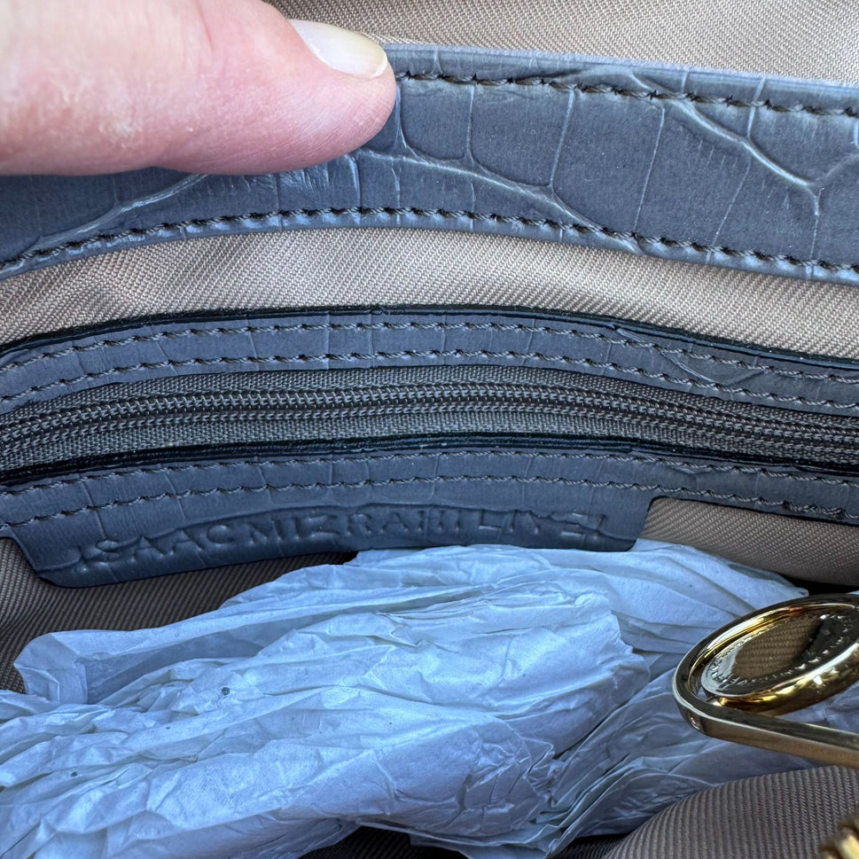 Isaac Mizrahi Lavender Gray Genuine Leather Flap Satchel Shoulder Bag Turn Lock