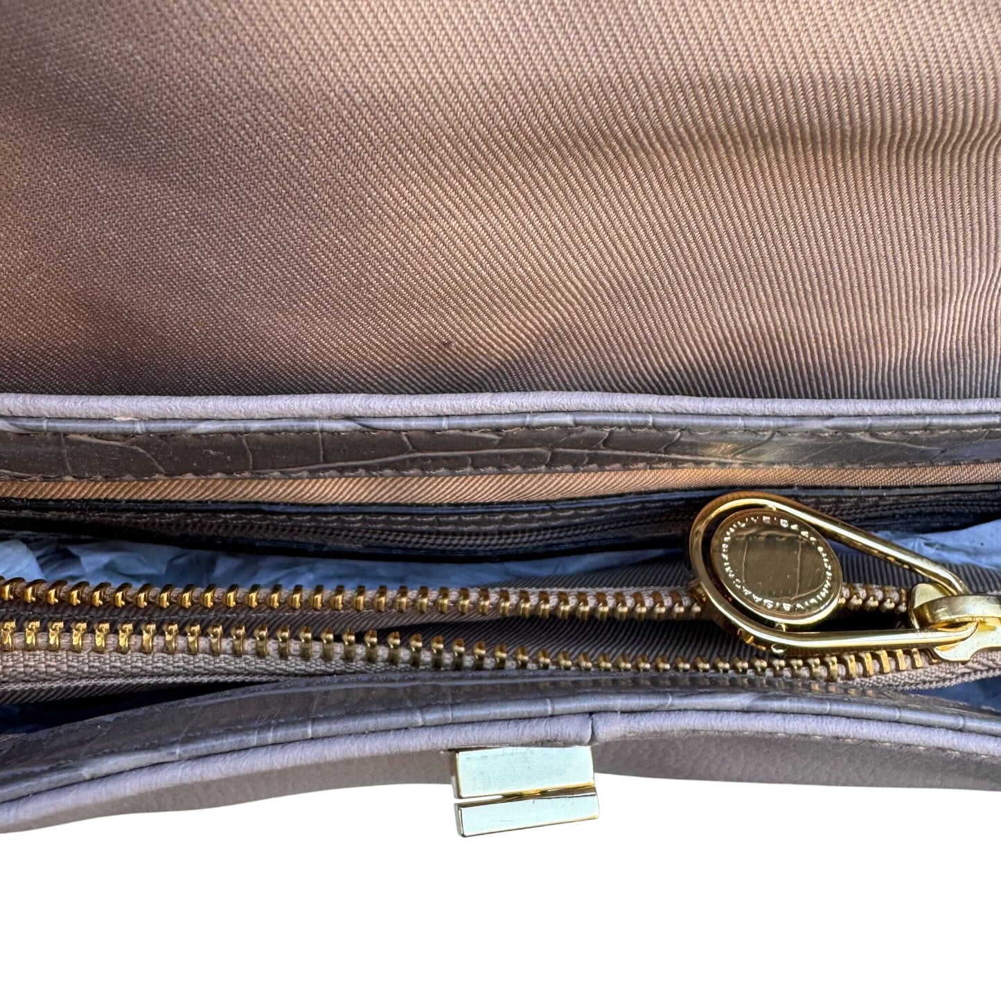 Isaac Mizrahi Lavender Gray Genuine Leather Flap Satchel Shoulder Bag Turn Lock