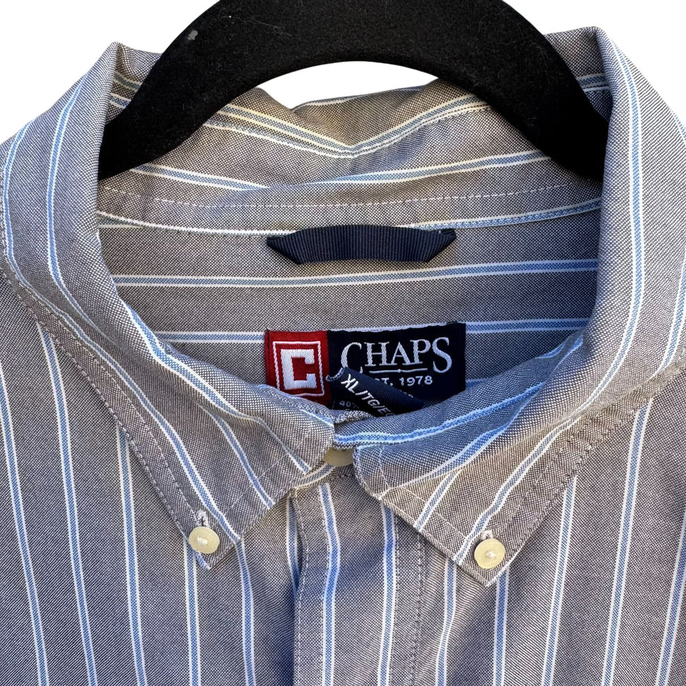 Chaps Ralph Lauren Mens Long Sleeve Button-Up Gray Blue White Striped Shirt XL