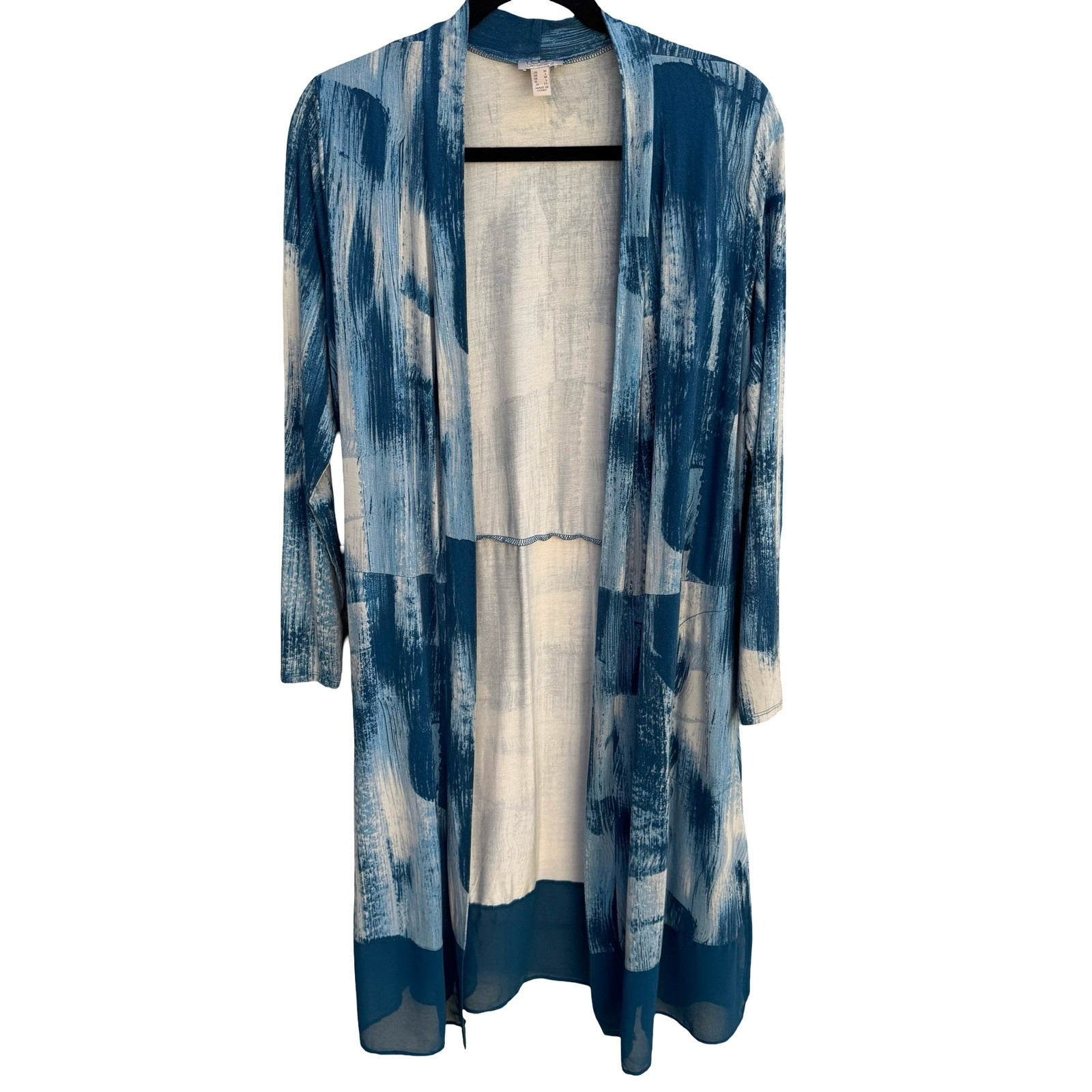 LOGO Lori Goldstein Blue Abstract Brushstroke Open Front Cardigan Sheer Hem M