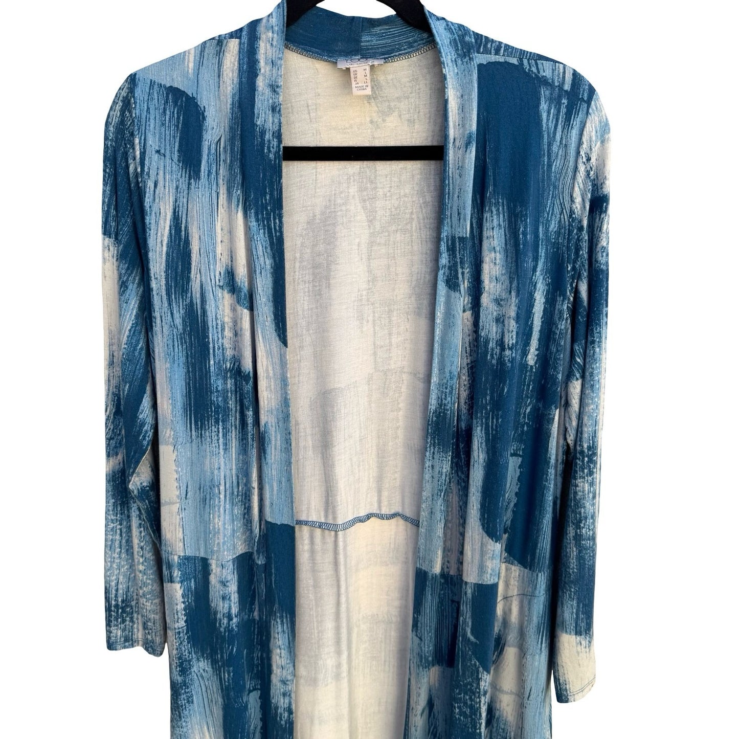 LOGO Lori Goldstein Blue Abstract Brushstroke Open Front Cardigan Sheer Hem M