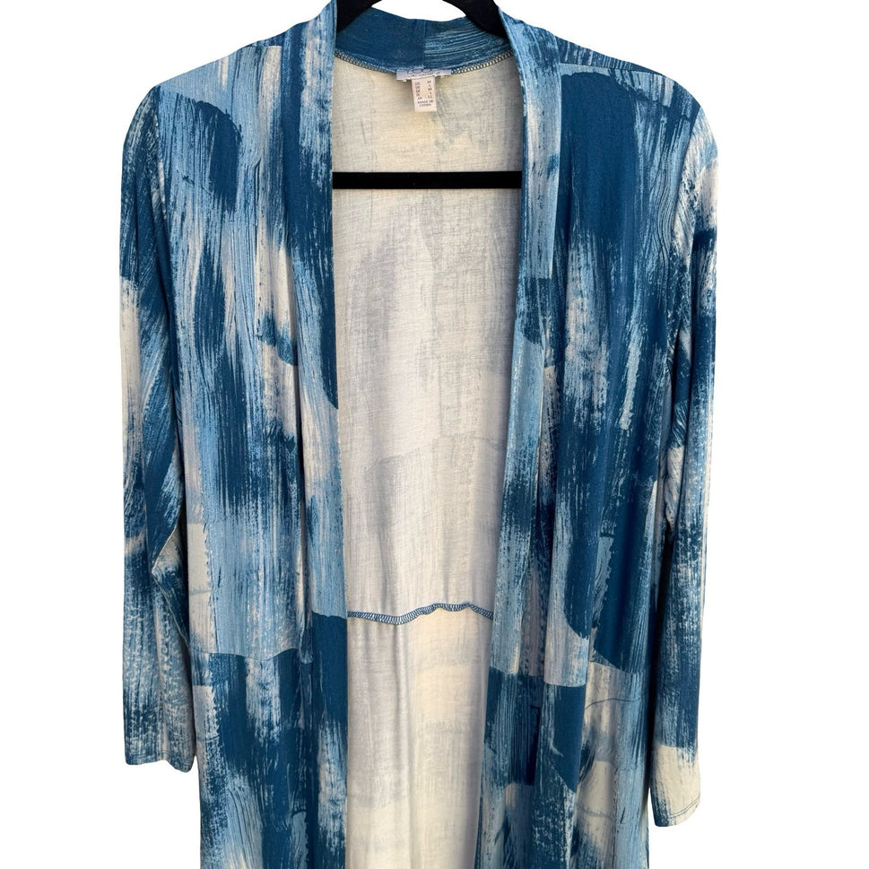 LOGO Lori Goldstein Blue Abstract Brushstroke Open Front Cardigan Sheer Hem M