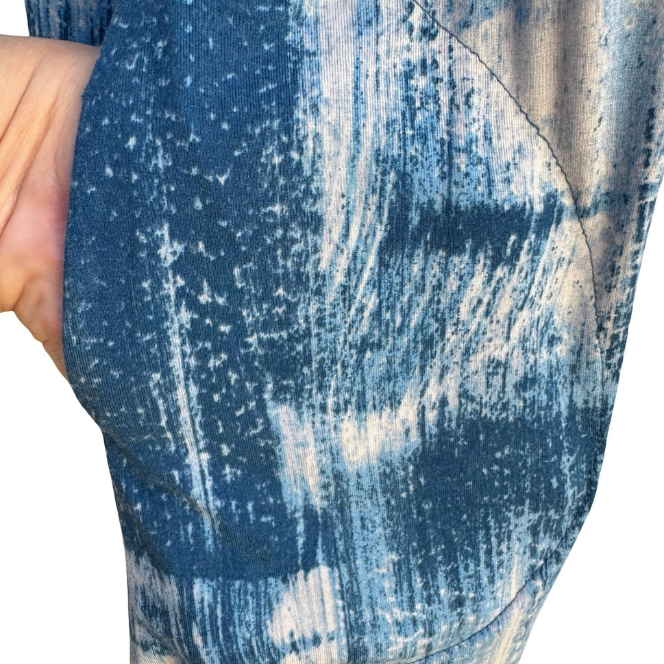 LOGO Lori Goldstein Blue Abstract Brushstroke Open Front Cardigan Sheer Hem M