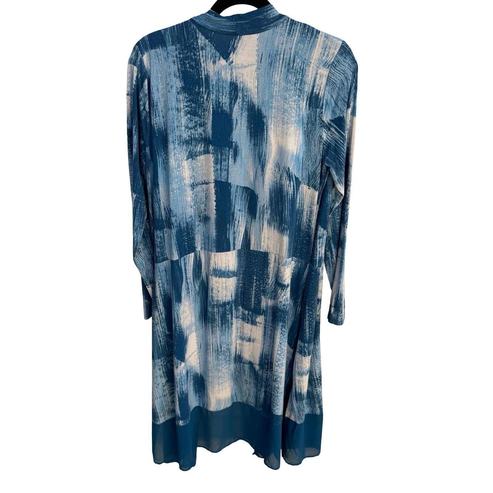LOGO Lori Goldstein Blue Abstract Brushstroke Open Front Cardigan Sheer Hem M