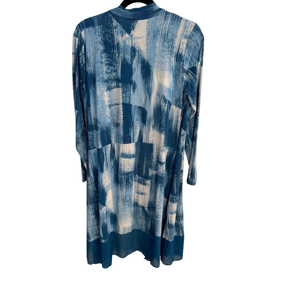 LOGO Lori Goldstein Blue Abstract Brushstroke Open Front Cardigan Sheer Hem M