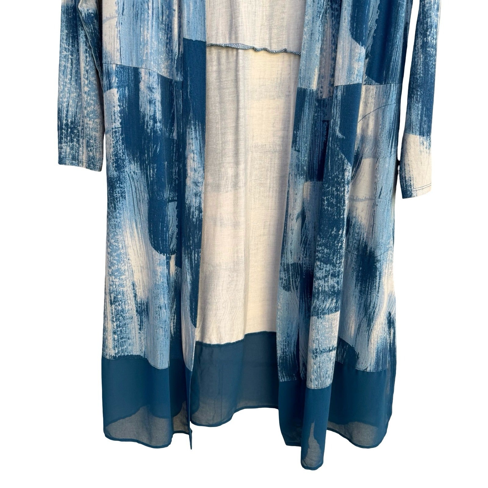 LOGO Lori Goldstein Blue Abstract Brushstroke Open Front Cardigan Sheer Hem M