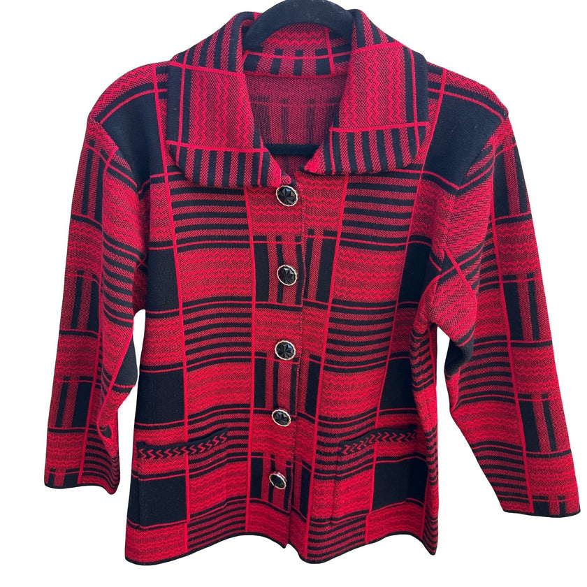 Dark Academia Vintage Mod Geometric Preppy Plaid Knit Cardigan Red Womens L