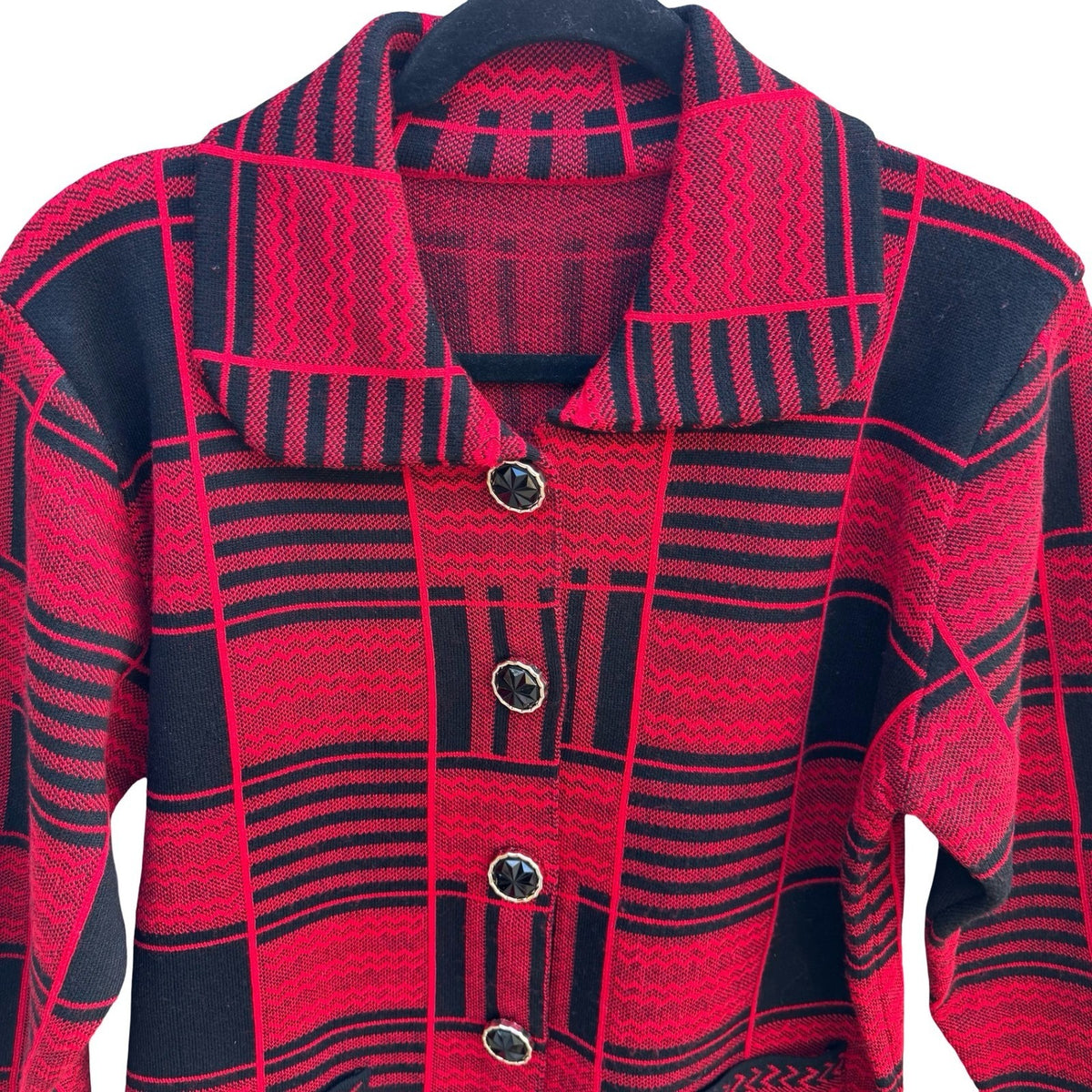 Dark Academia Vintage Mod Geometric Preppy Plaid Knit Cardigan Red Womens L