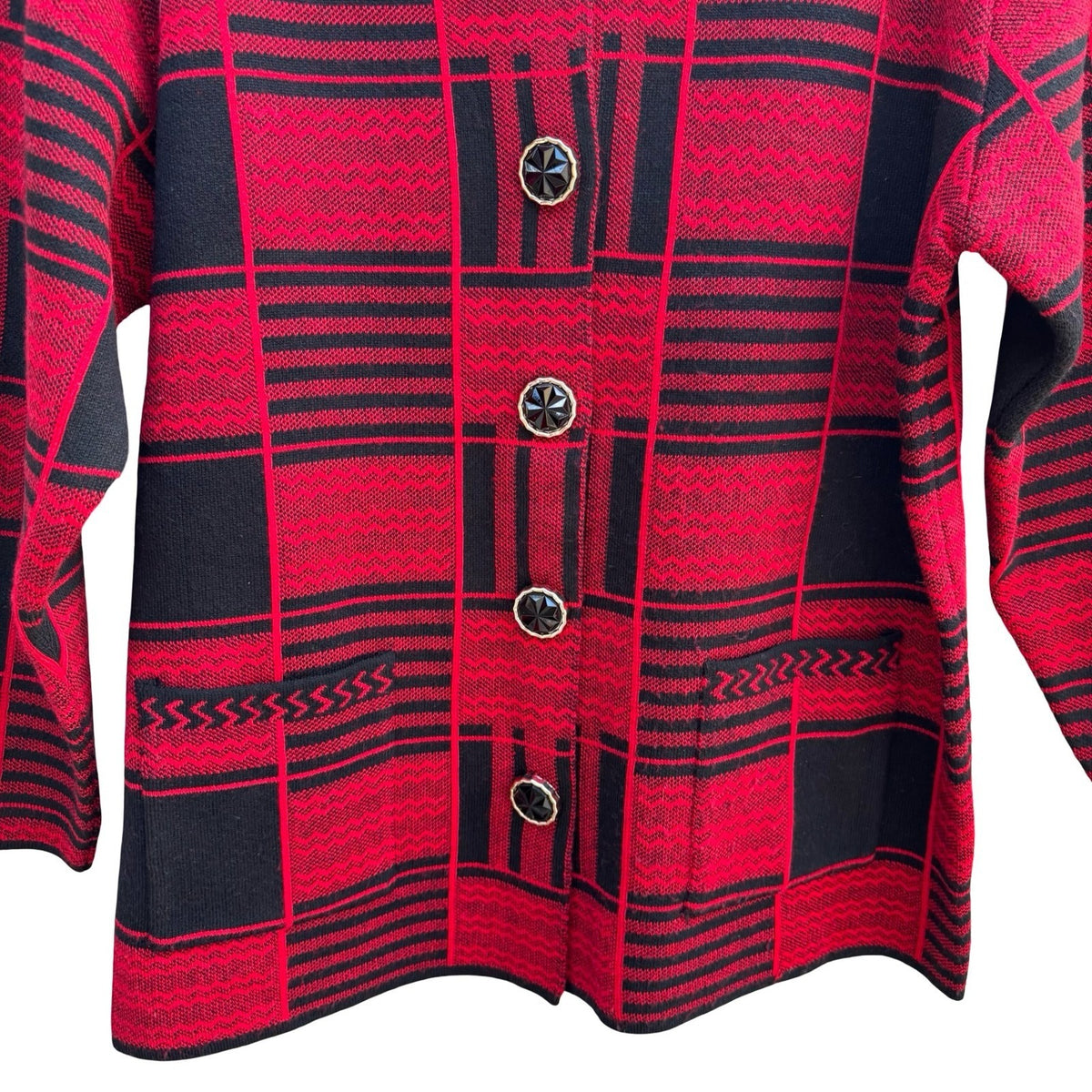 Dark Academia Vintage Mod Geometric Preppy Plaid Knit Cardigan Red Womens L