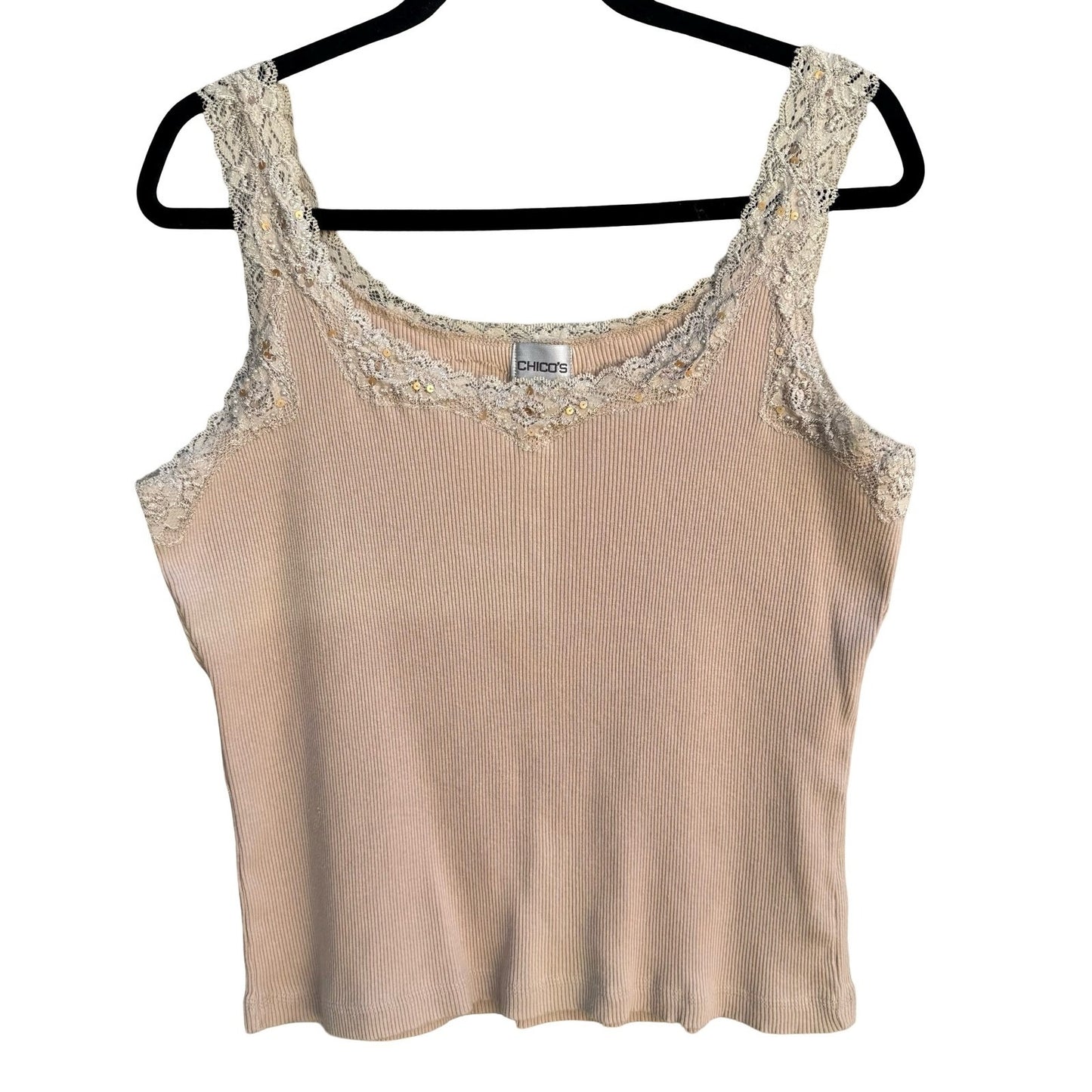 Chicos Y2K Tan Ribbed Babydoll Tank Top Lace Sequin Pearl Trim Scoop Neck Large