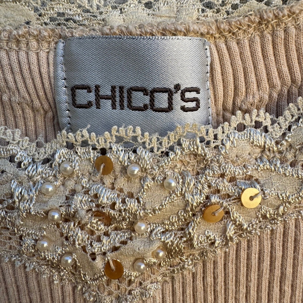 Chicos Y2K Tan Ribbed Babydoll Tank Top Lace Sequin Pearl Trim Scoop Neck Large